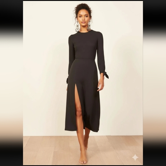 NWT Reformation Zelda Midi in Black Open Back Tie Sleeve Slit Georgette Dress 2 - Picture 1 of 6